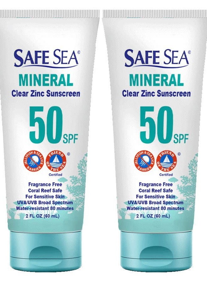 Safe Sea Zinc Oxide Sunscreen SPF50 | Clear Mineral Face Sunscreen Without White Cast | Anti-Jellyfish Sting Protective Lotion | Coral Reef Safe | Travel Size - 2Oz (60ml), Pack of 2 - Image 1