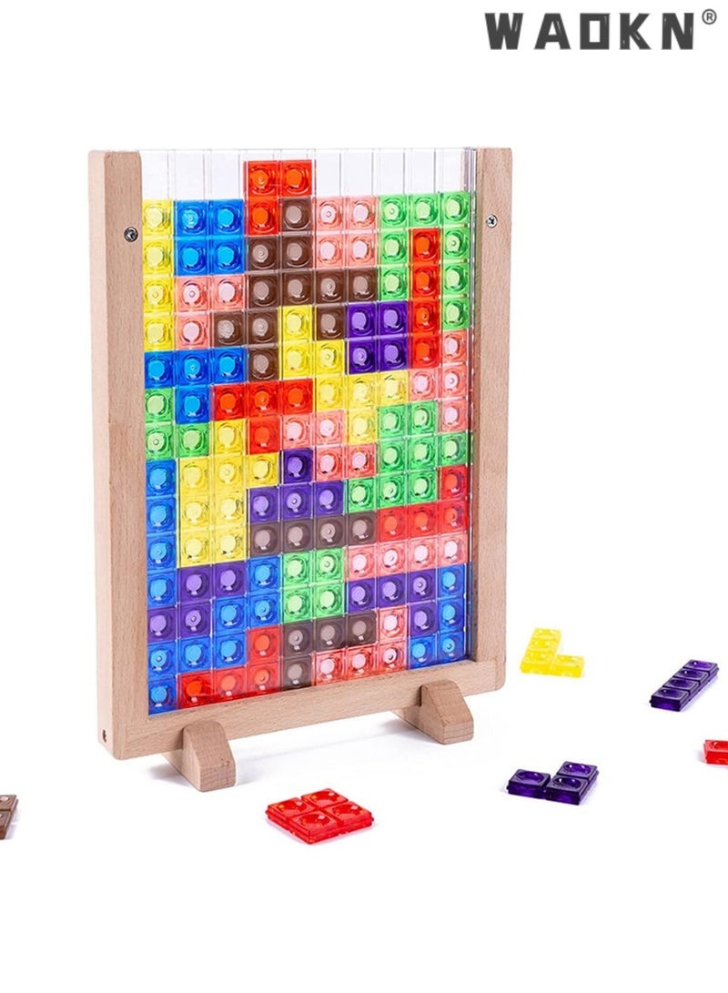 WAOKN Russian Blocks Puzzle Brain Teasers Toy Intelligent Colorful 3D Plastic Blocks Game with Vertical Wooden Frame Game Board, Tangram Educational Montessori Toys Gift for Kids Age 4-8 Years Old  - Image 1