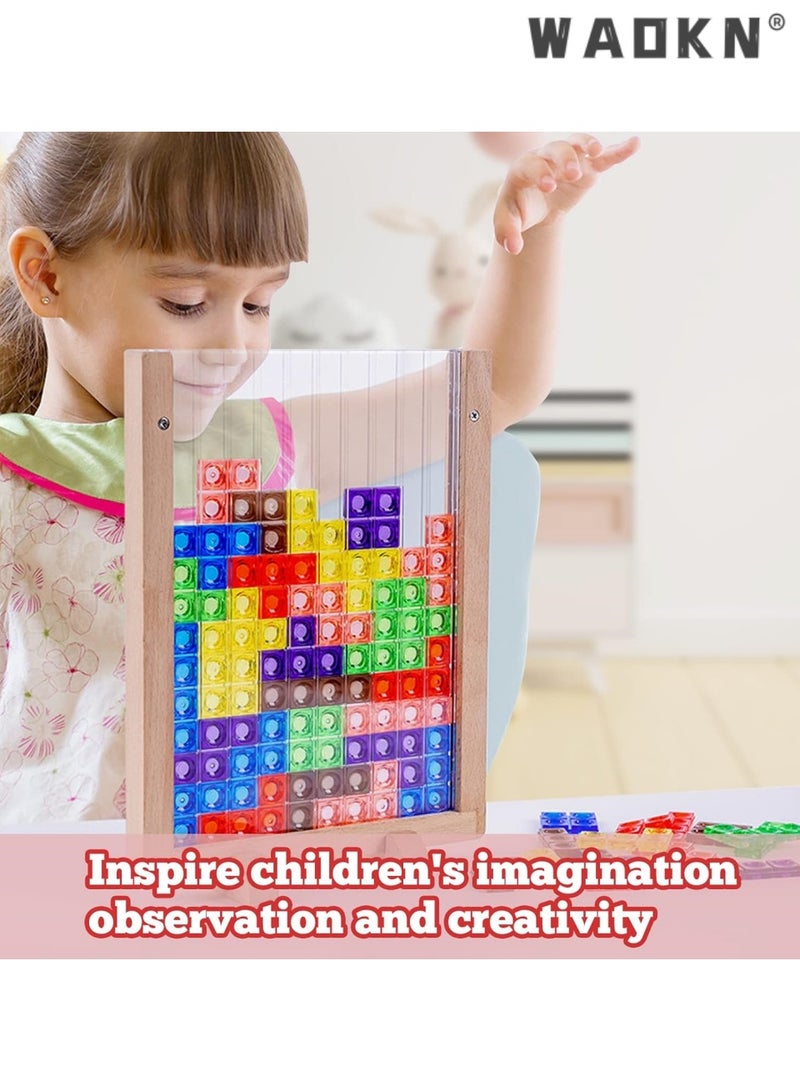 WAOKN Russian Blocks Puzzle Brain Teasers Toy Intelligent Colorful 3D Plastic Blocks Game with Vertical Wooden Frame Game Board, Tangram Educational Montessori Toys Gift for Kids Age 4-8 Years Old  - Image 4