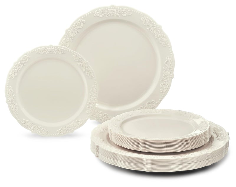 OCCASIONS FINEST PLA "" OCCASIONS "" 50 Plates Pack (25 Guests) Vintage Wedding Party Disposable Plastic Plate Set -25x10.25'' Dinner +25x7.5'' Salad/Dessert plates (Portofino Plain Ivory) - Image 2