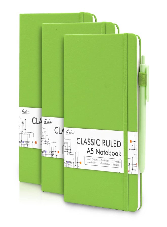 feela 3 Pack Notebooks Journals Bulk, Hardcover Notebook Classic Ruled Lined Journals with Pen Holder for Women Girls School Business Supplies, with 3 Black Pens, 120 GSM, 5.1”x8.3”, A5, White - Image 1
