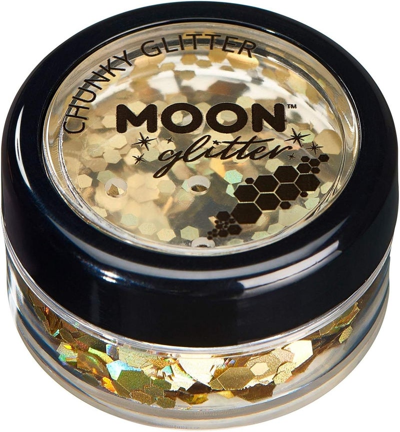 Chunky Holographic Glitter by Moon Glitter Gold Cosmetic Festival Makeup Glitter for Face Body Nails Hair Lips 3g