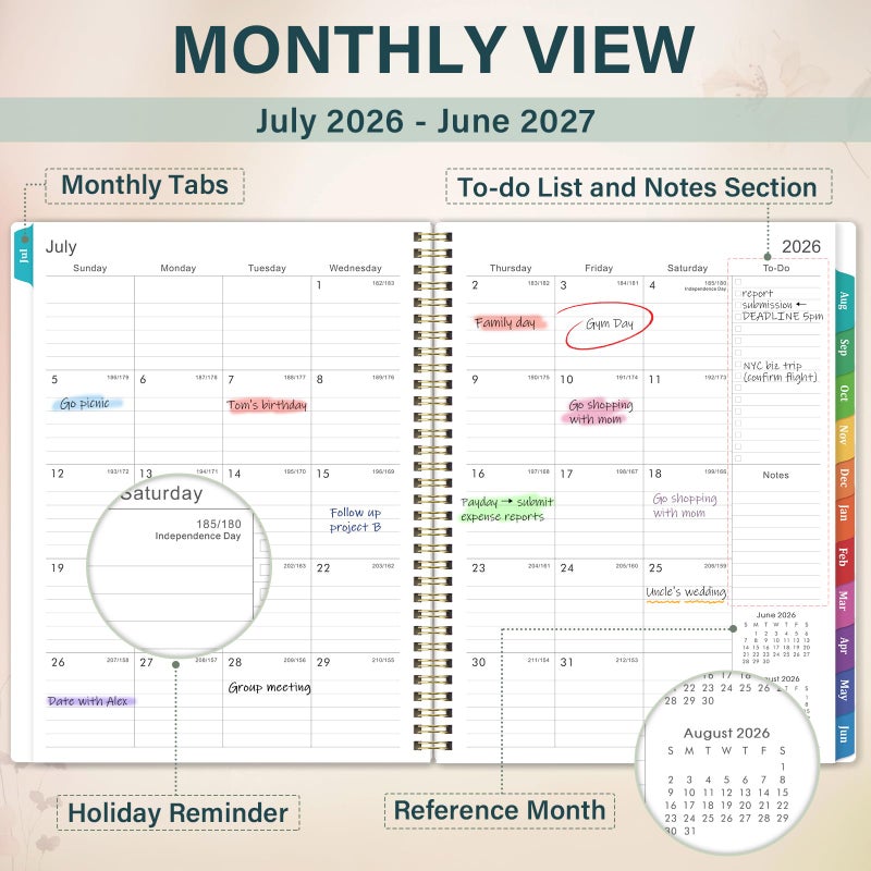 Indeme Planner 2026-2027 - Academic Planner 2026-2027, July 2026 - June 2027, 11â€ x 8.5â€, Weekly and Monthly Planner, Calendar Planner, Colorful Tabs, Back Pocket, Holidays - Wildflowers - Image 3