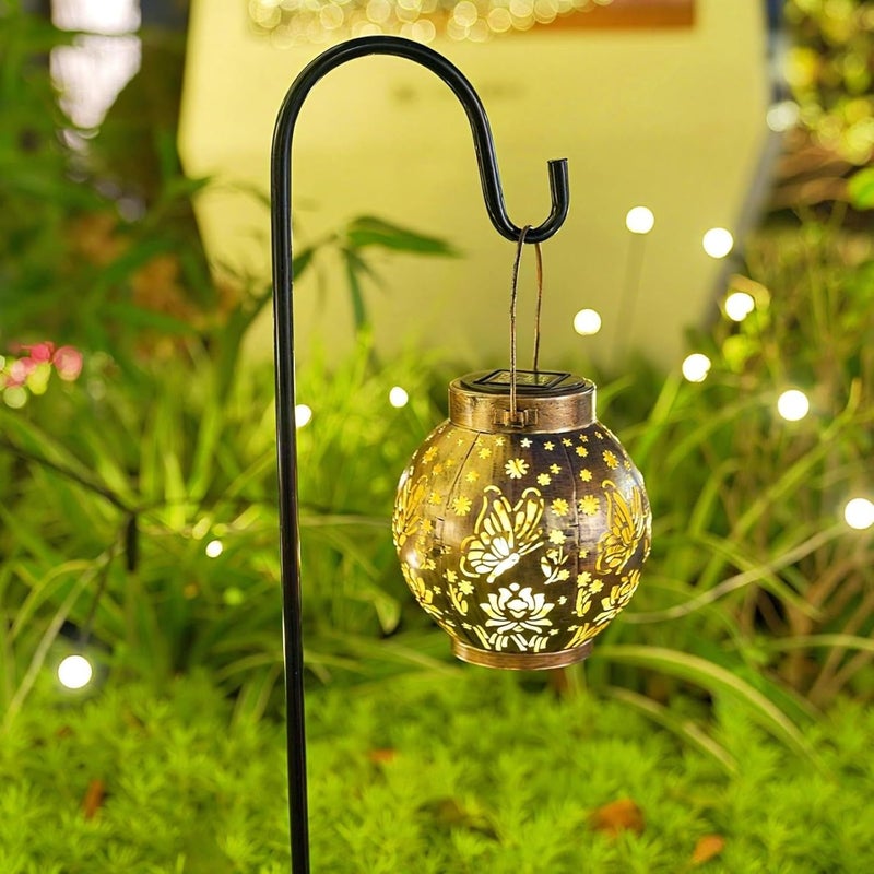 EXCMARK 2 Pack Outdoor Solar Hanging Lantern Lights Metal LED Decorative Lamp for Garden Patio Courtyard Lawn and Table with Hollowed-Out Design (Bronze Butterfly) - Image 4