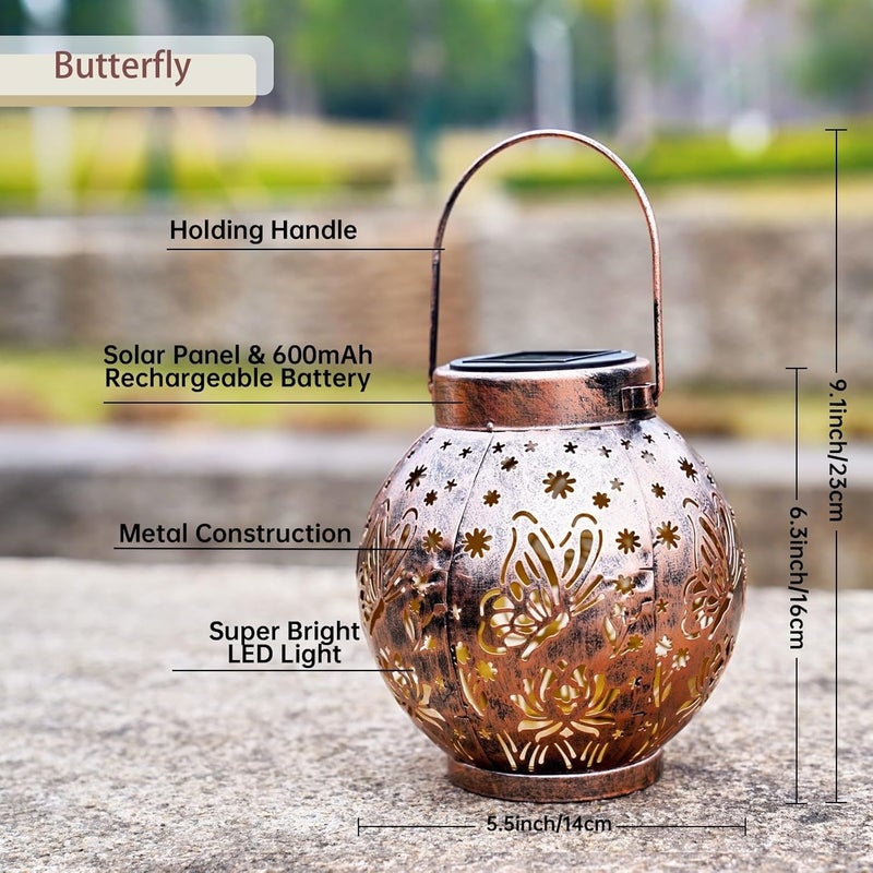 EXCMARK 2 Pack Outdoor Solar Hanging Lantern Lights Metal LED Decorative Lamp for Garden Patio Courtyard Lawn and Table with Hollowed-Out Design (Bronze Butterfly) - Image 3