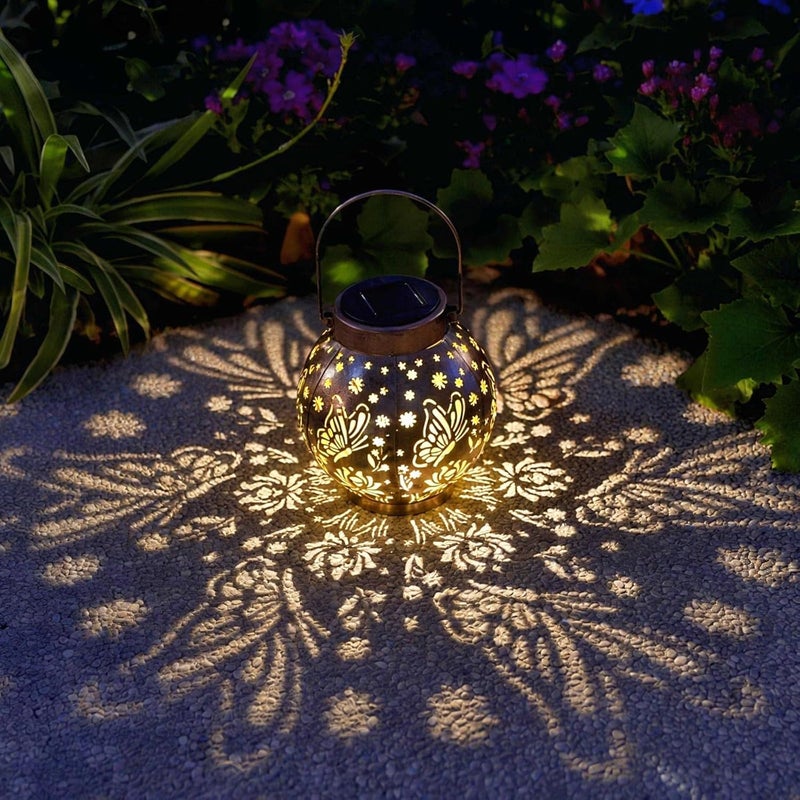 EXCMARK 2 Pack Outdoor Solar Hanging Lantern Lights Metal LED Decorative Lamp for Garden Patio Courtyard Lawn and Table with Hollowed-Out Design (Bronze Butterfly) - Image 1