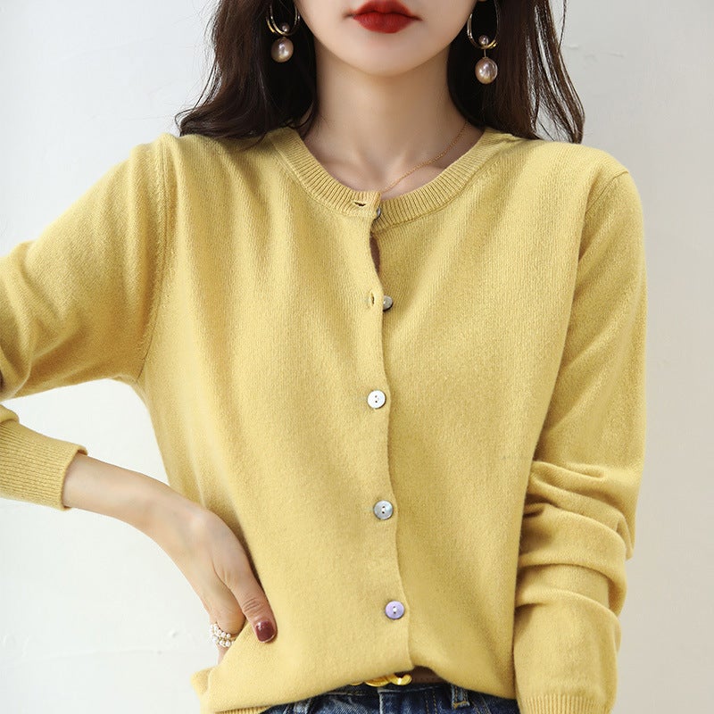 2023 Spring Autumn Korean Round Neck Solid Knit Cardigan Yellow 