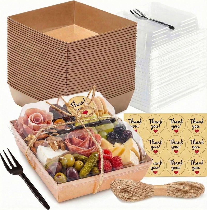 Leafiew 50 Pack Small Individual Charcuterie Boxes with Clear Lids and Forks - To Go Paper Mini Charcuterie Box, Disposable Food Containers, 5Inch Dessert Boxes for Cookie, Cake Slice, Strawberries - Image 1