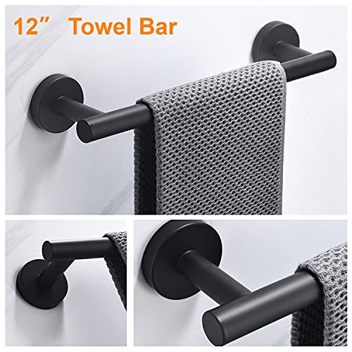 Nolimas 3-Pieces Set Matte Black Bathroom Hardware Set SUS304 Stainless Steel Round Wall Mounted - Includes 12" Hand Towel Bar,Toilet Paper Holder, Robe Towel Hooks,Bathroom Accessories Kit - Image 3