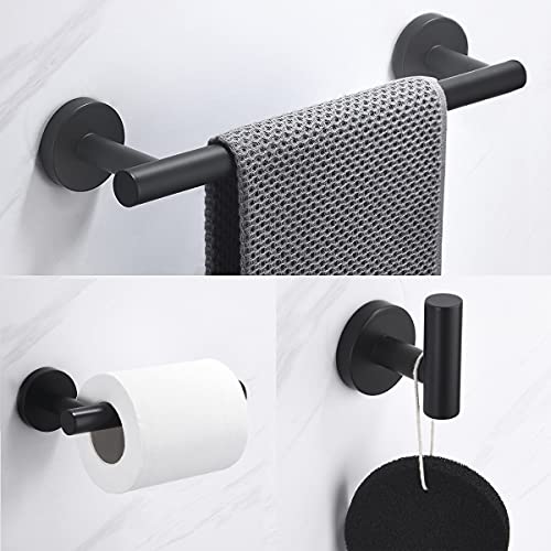 Nolimas 3-Pieces Set Matte Black Bathroom Hardware Set SUS304 Stainless Steel Round Wall Mounted - Includes 12" Hand Towel Bar,Toilet Paper Holder, Robe Towel Hooks,Bathroom Accessories Kit - Image 2
