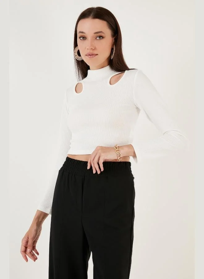 Lela Lela Flexible Slim Fit Cut Out Windowed High Neck Crop Blouse Women's Blouse 5865348