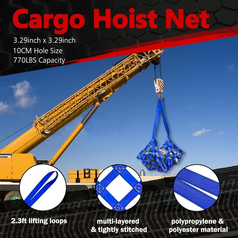 FITHOIST Cargo Lifting Net 661LBS, 3.28'x3.28' Safety Lifting Net Straps for Hoist 10cm Square Mesh, Sling Hoisting Net, Heavy Duty Cargo Net for Construction Moving Hoisting Loading Unloading (Blue) - Image 2