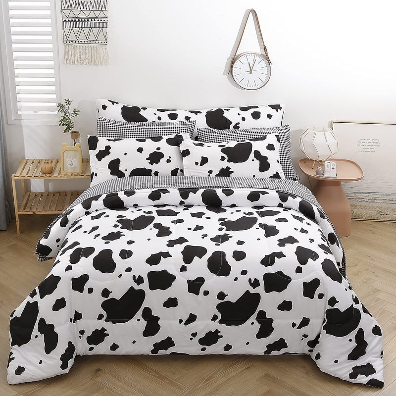 SUCSES SUCSES Cow Print Twin Comforters 8 Pieces Bedding Set Cowhide Bed in A Bag for Boys Girls Black and White Cute Kids Comforter Set with Sheets 