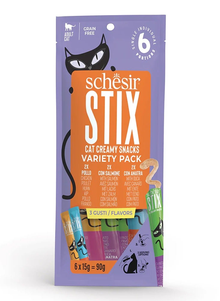Schesir Stix Liquid Snack Mixed Flavors (Salmon, Duck, Chicken) in Cream 6X15 G - Image 1