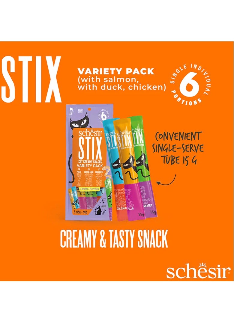 Schesir Stix Liquid Snack Mixed Flavors (Salmon, Duck, Chicken) in Cream 6X15 G - Image 3