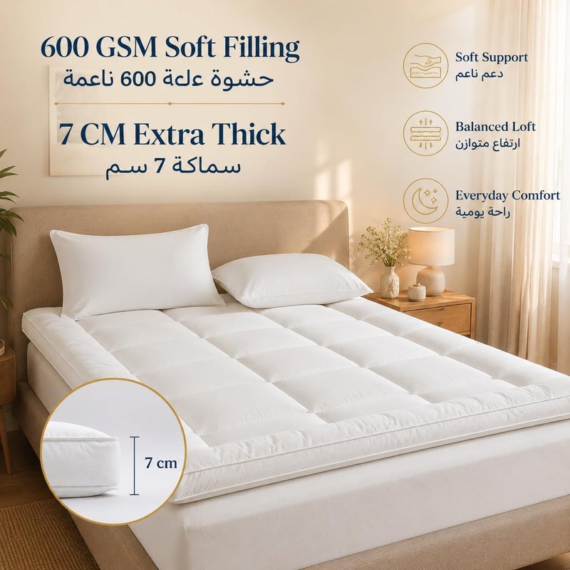 سكاي تاتش غطاء مرتبة سكاي-تاتش 600 جرام للمتر المربع 90x190+7 سم أبيض، مرتبة ميكروفايبر سميكة جداً مع أربطة مطاطية على الجوانب الأربعة، وسادة مرتبة مبطنة ناعمة لراحة الفندق - Image 2