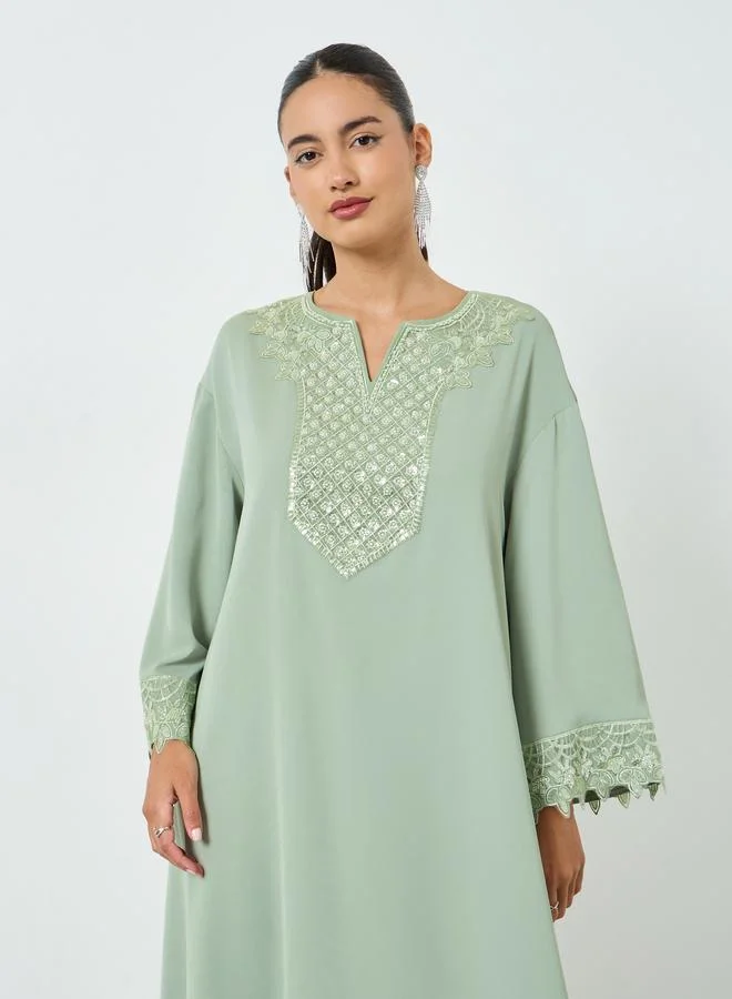 Amirah Green Embroidered Lace Detail A-Line Jalabiya
