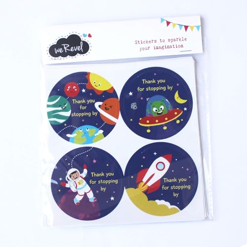 weRevel Paper Space Theme Thank You Party Self-Adhesive Stickers, 40 Count, 2 Inches, Round, 4 Unique Designs - Image 3
