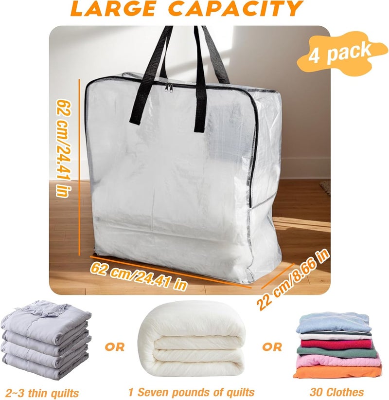 JIANGLAI 80L Clothes Storage Bags, 4 Pack Large Clear Capacity Clothes Organizer with Zips, Moisture proof, Plastic Packing Boxes for Moving House with Durable Handles for Clothing, Duvet, Bedding (Black) - Image 2