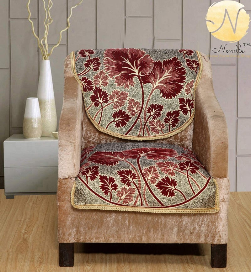 Nendle Poly Cotton Flowered 3+1+1 Seater Sofa Cover Set (Maroon, 69 Inch x 27 Inch) - Image 3