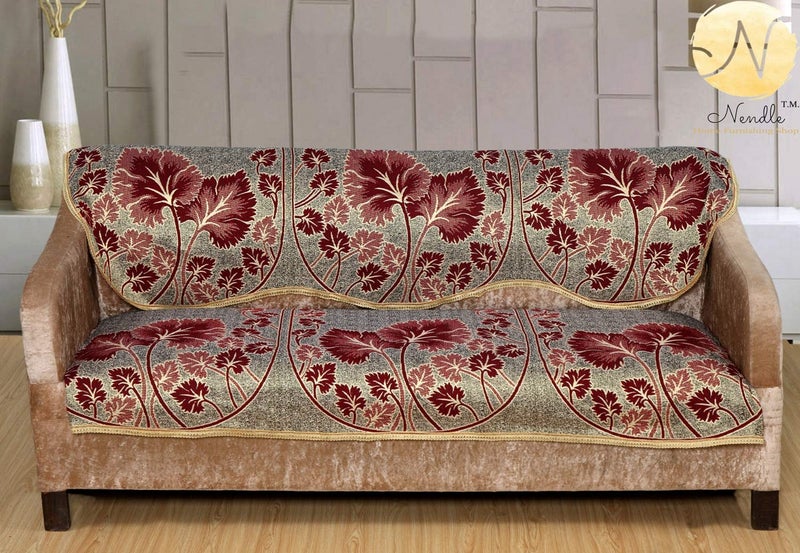 Nendle Poly Cotton Flowered 3+1+1 Seater Sofa Cover Set (Maroon, 69 Inch x 27 Inch) - Image 2