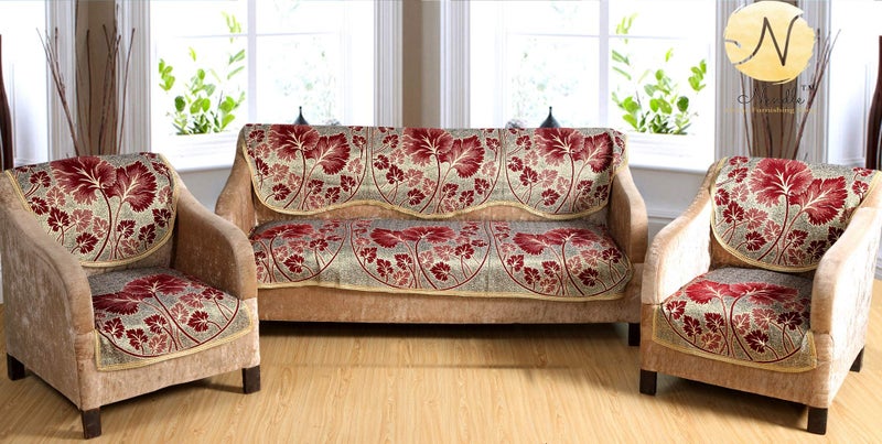 Nendle Poly Cotton Flowered 3+1+1 Seater Sofa Cover Set (Maroon, 69 Inch x 27 Inch) - Image 1