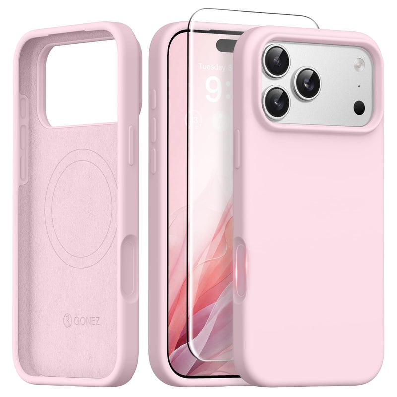 GONEZ Magnetic for iPhone 17 Pro Case, Compatible with MagSafe, [Screen Protector + Camera Lens Protector], Liquid Silicone Anti-Scratch Shockproof Protective Phone Case 6.3 inch, Pastel Pink - Image 1