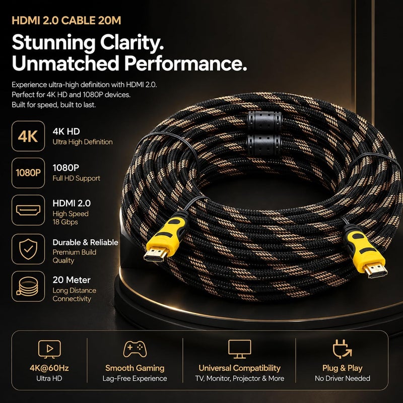 taradhin HDMI 2.0 Cable 20 Meter 4K@60Hz 18Gbps, Nylon Braided High Speed HDMI Lead, Gold Plated, HDR ARC 3D 1080P, for TV Monitor PS5 PS4 Xbox Laptop Desktop Mini PC Projector - Image 3