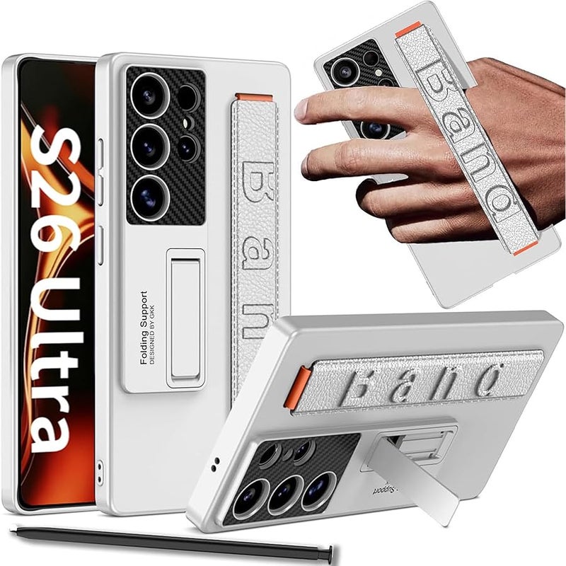 NINKI Stand for Samsung Galaxy S26 Ultra Phone Case with Strap & Kickstand, Hard Thin Protective Case for Samsung Ultra S26 Grip Cases, Handle Protector for Samsung S26 Ultra Phone Cover Women Silver - Image 1