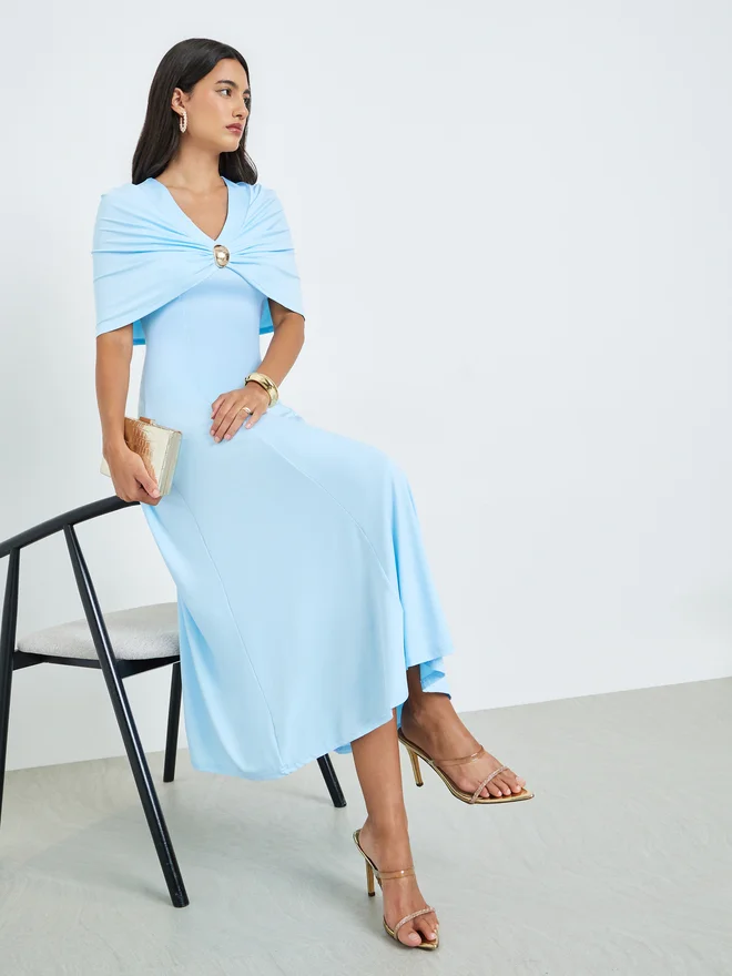 Styli Blue Cape Detail A-Line Midi Dress