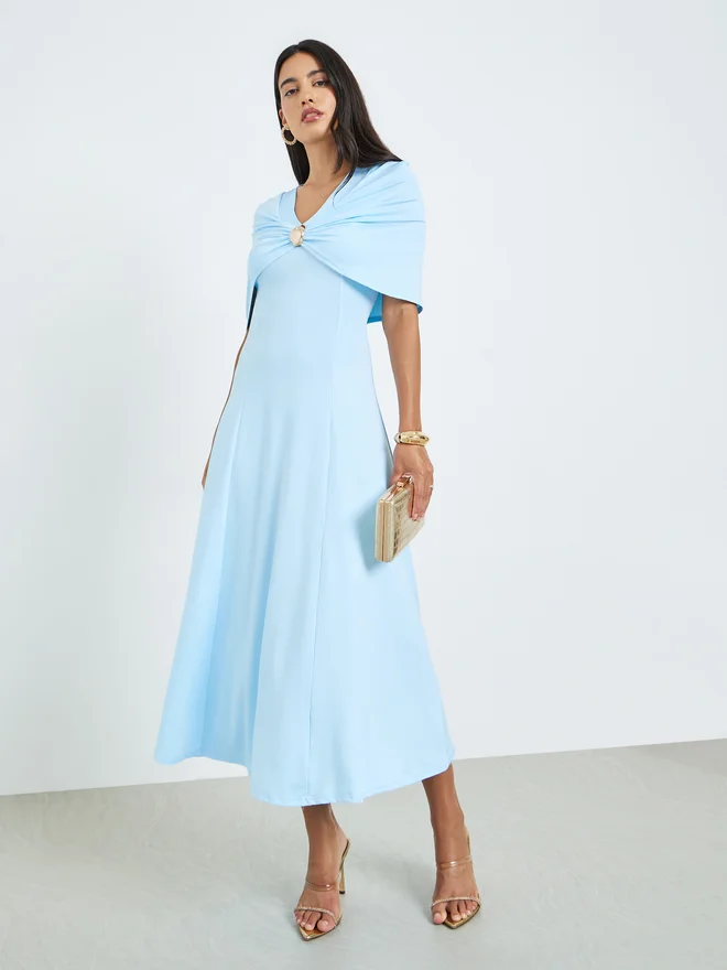 ستايلي Styli Blue Cape Detail A-Line Midi Dress