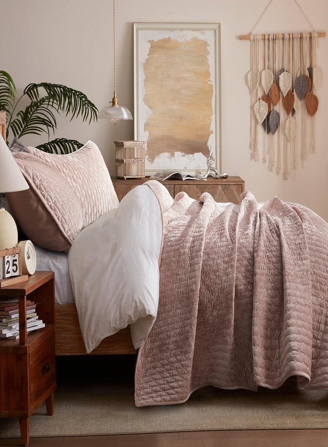 LEAONME Velvet Quilt Set Full/Queen Size 90''x98'', Lightweight Dusty Pink Velvet Comforter Set with 2 Matching Shams, Soft Cross Stitch Bedspread Coverlet Bedding Set for All Season - Image 3