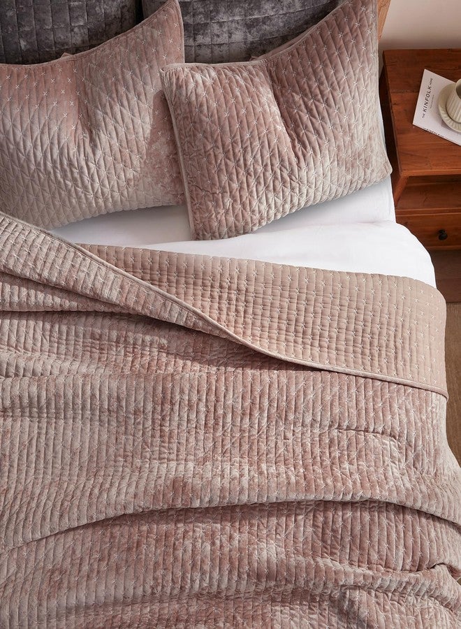 LEAONME Velvet Quilt Set Full/Queen Size 90''x98'', Lightweight Dusty Pink Velvet Comforter Set with 2 Matching Shams, Soft Cross Stitch Bedspread Coverlet Bedding Set for All Season - Image 4