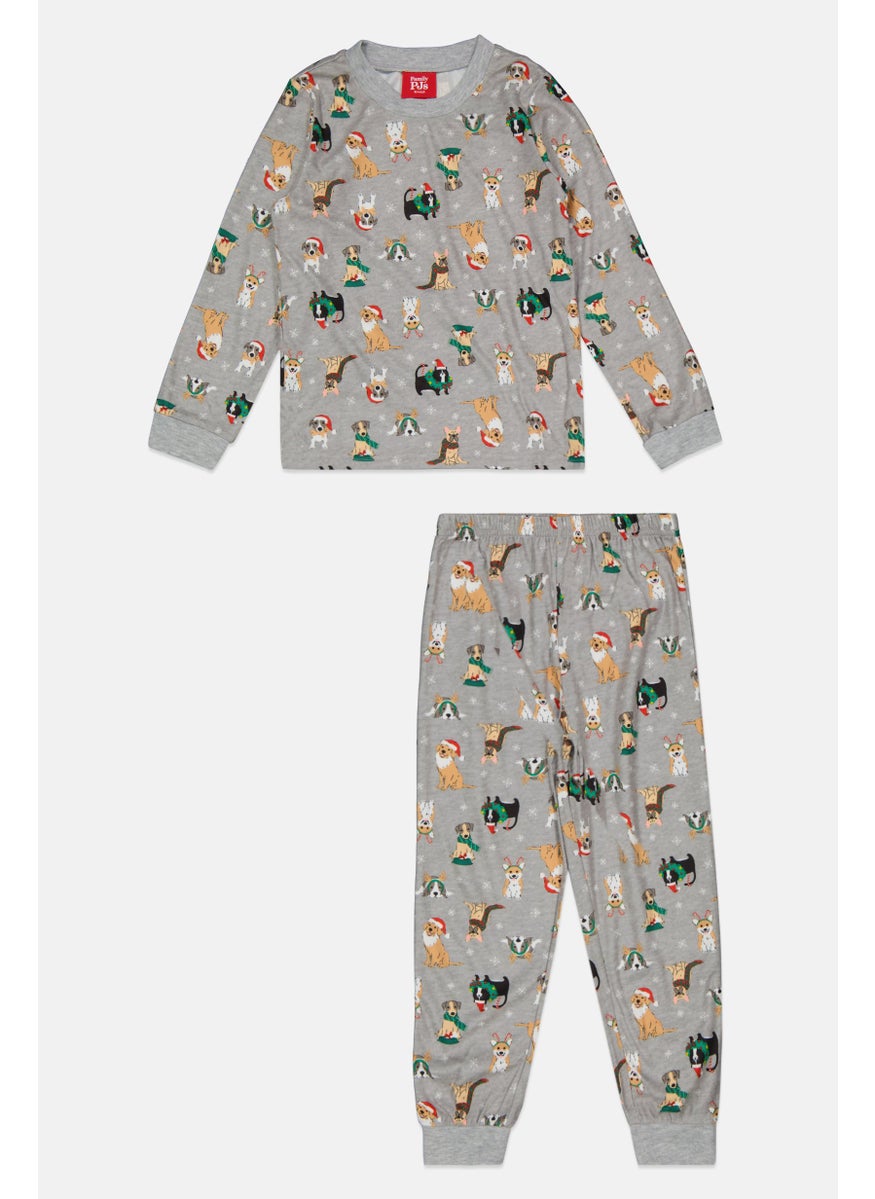 Family PJs - Kids Boy Animal Print Long Sleeve Top And Bottom Set, Grey Combo - Image 1