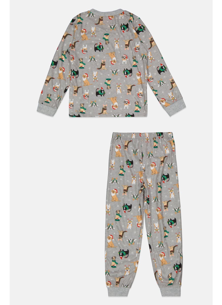 Family PJs - Kids Boy Animal Print Long Sleeve Top And Bottom Set, Grey Combo - Image 1