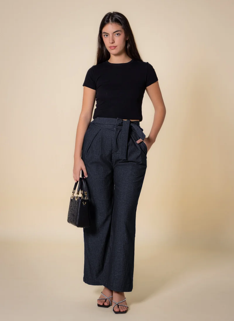 Shapes Dark Blue TEXTURED BELTED WIDE-LEG TROUSERS for Women | Best Price UAE
