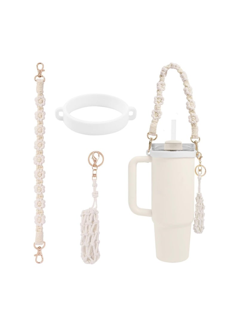 Generic Stanley Cup 16oz - 40oz Glass Cup Accessories - Braided Daisy Water Bottle Handle Strap, Food Grade Silicone Ring Portable Water Bottle Cup Strap for Girls and Women (White Set of 3) - Image 1