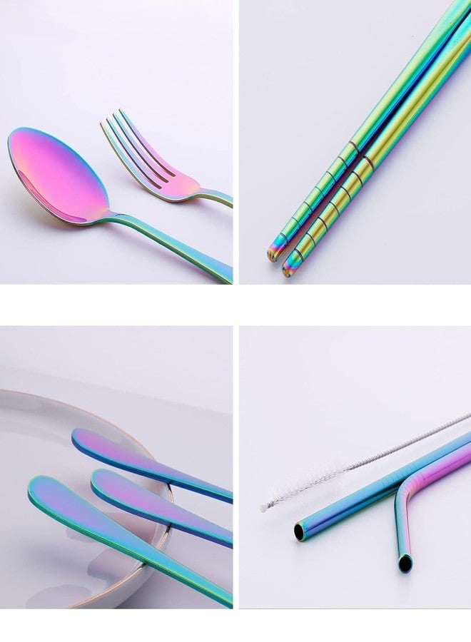 BIRZAR Portable Stainless Steel Flatware Travel Camping Cutlery Set Portable Utensil Travel Silverware Dinnerware Set with a Waterproof Case (Rainbow) - Image 2