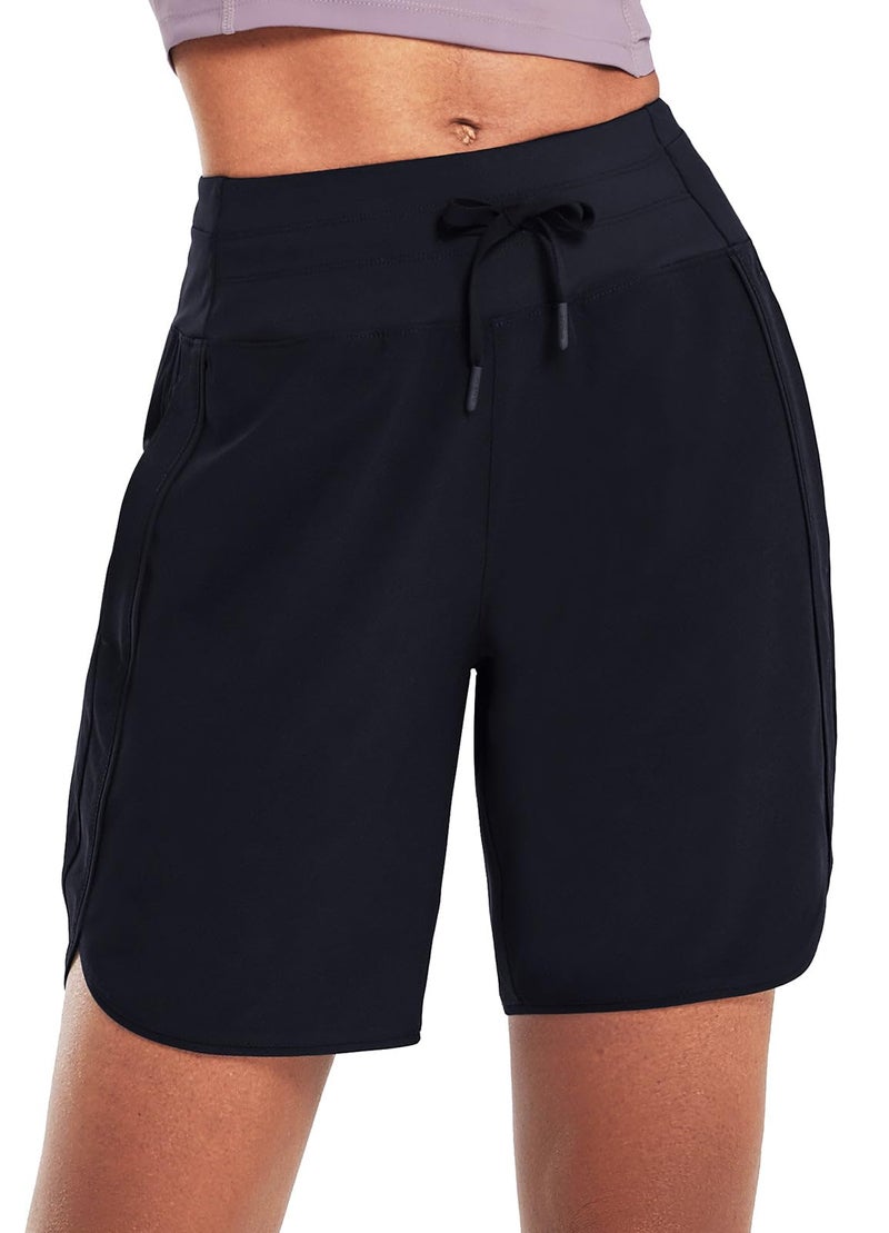 baleaf Women's 7" Long Running Shorts Athletic Workout Gym Quick Dry Hiking Shorts High Waisted Zipper Pocket Black L - Image 2