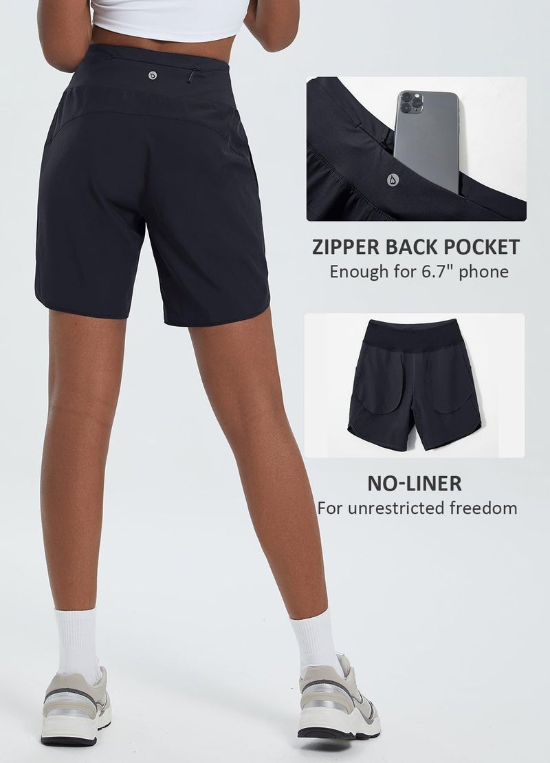 baleaf Women's 7" Long Running Shorts Athletic Workout Gym Quick Dry Hiking Shorts High Waisted Zipper Pocket Black L - Image 3