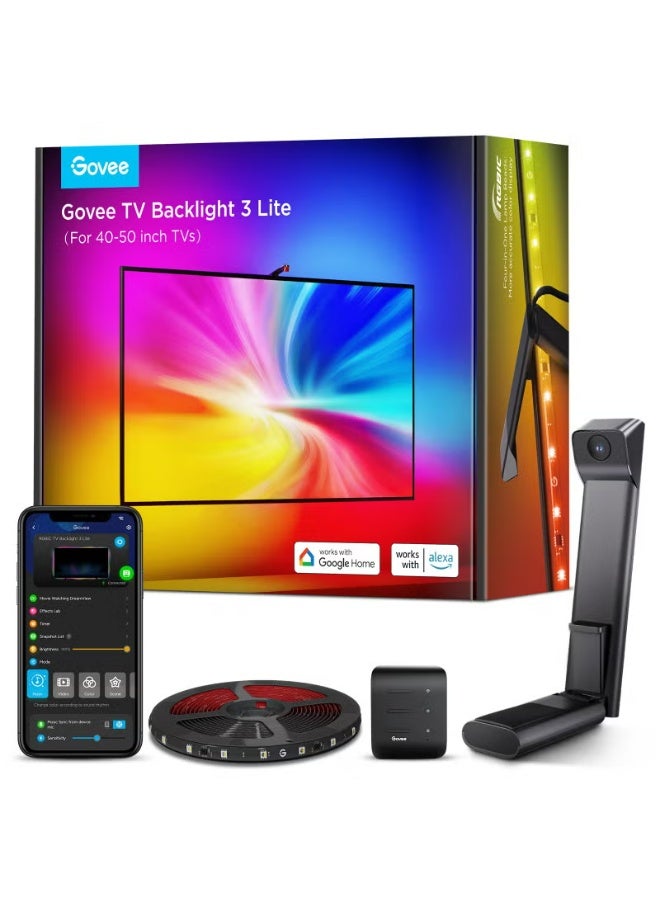 Govee RGBICW TV Backlight 3 Lite with Fish-Eye Correction Function Sync for 40-50 Inch TVs, 2.4 m Wi-Fi TV LED Strip with Camera, 4 Colours in 1 Lamp Bead, Voice and App Control - Image 1
