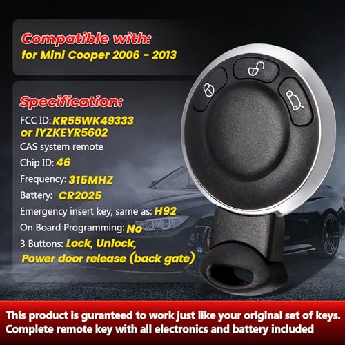 Aichiyu FCC ID: IYZKEYR5602 & KR55WK49333 Smart Remote Control Car Key Fob Replacement for Mini Cooper 2006 2007 2008 2009 2010 2011 2012 2013 CAS System Remote 315Mhz - Image 3