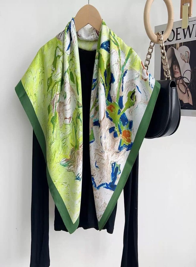 Julunar Silk Like Head Scarf for Women - Satin Large Hair Scarves - 35" Square Silk Hair Wrap for Sleeping with Gift Packed, B020-1 Green Oil Paint Flowers, L - Image 2