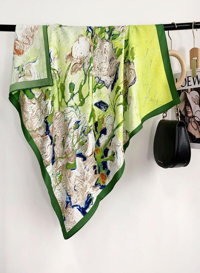 Julunar Silk Like Head Scarf for Women - Satin Large Hair Scarves - 35" Square Silk Hair Wrap for Sleeping with Gift Packed, B020-1 Green Oil Paint Flowers, L - Image 4