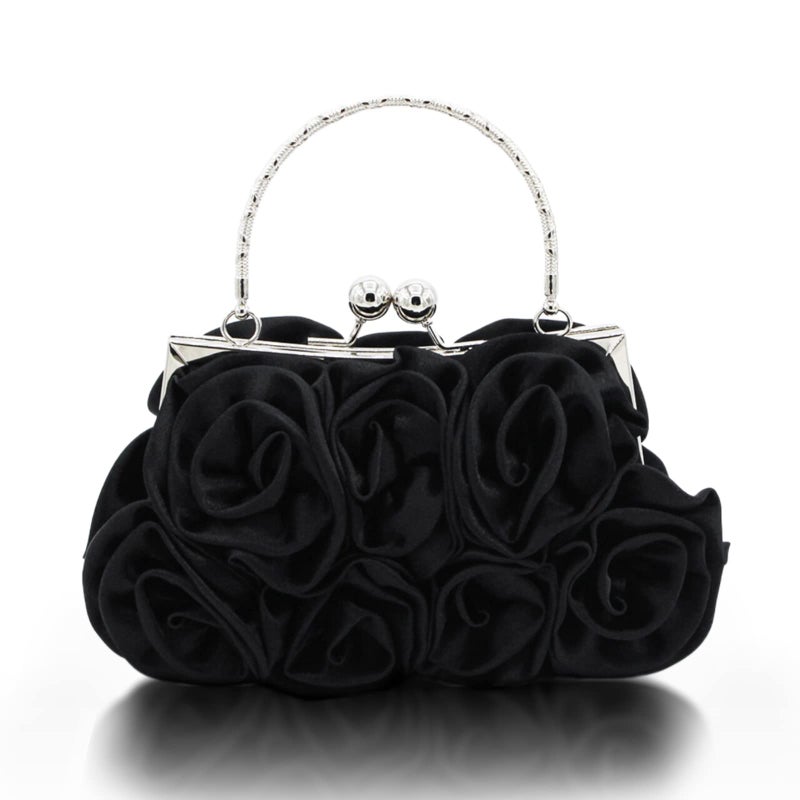 JAMBHALA Women Evening Clutch Bag Dressy Floral Satin Small Purses with Detachable Strap for Party, Prom, Formal,Black - Image 1