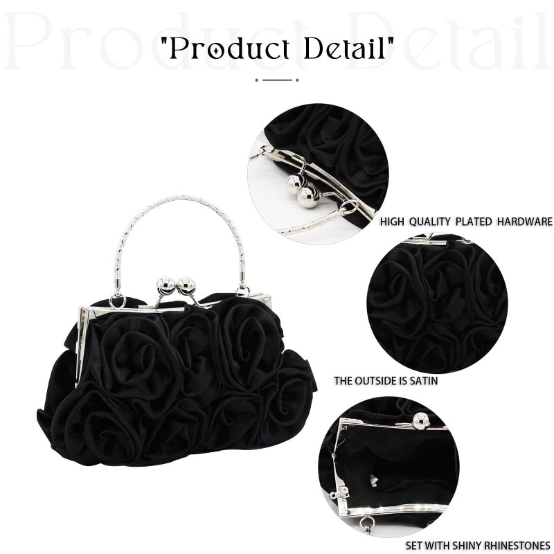 JAMBHALA Women Evening Clutch Bag Dressy Floral Satin Small Purses with Detachable Strap for Party, Prom, Formal,Black - Image 5