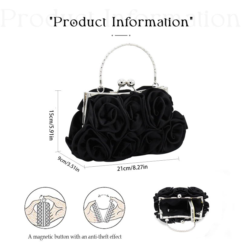 JAMBHALA Women Evening Clutch Bag Dressy Floral Satin Small Purses with Detachable Strap for Party, Prom, Formal,Black - Image 4