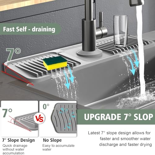 Hugro Tarfive 17.7-Inch Kitchen Sink Splash Guard Mat | 7° Slope for Fast Self-Draining | Snap-Lock Design | Universal & Cuttable Silicone Faucet Mat Gray - Image 4