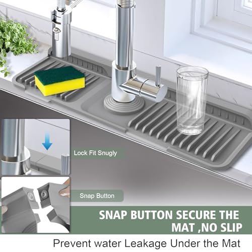 Hugro Tarfive 17.7-Inch Kitchen Sink Splash Guard Mat | 7° Slope for Fast Self-Draining | Snap-Lock Design | Universal & Cuttable Silicone Faucet Mat Gray - Image 2