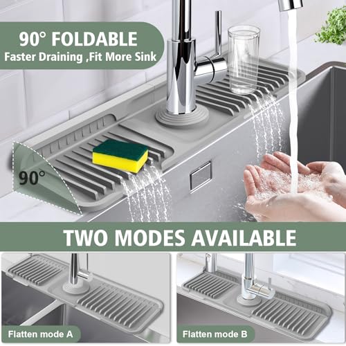 Hugro Tarfive 17.7-Inch Kitchen Sink Splash Guard Mat | 7° Slope for Fast Self-Draining | Snap-Lock Design | Universal & Cuttable Silicone Faucet Mat Gray - Image 5